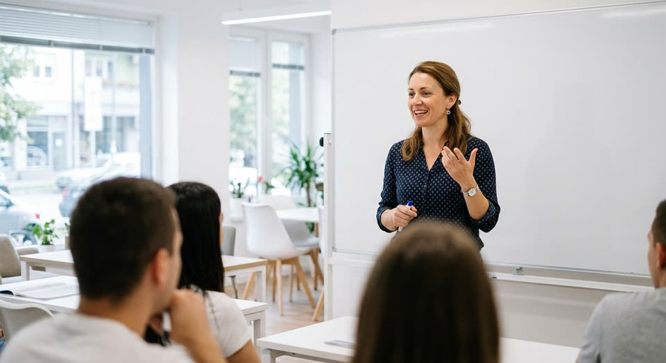 Predavacica gestikulise i objašnjava gradivo pred grupom polaznika